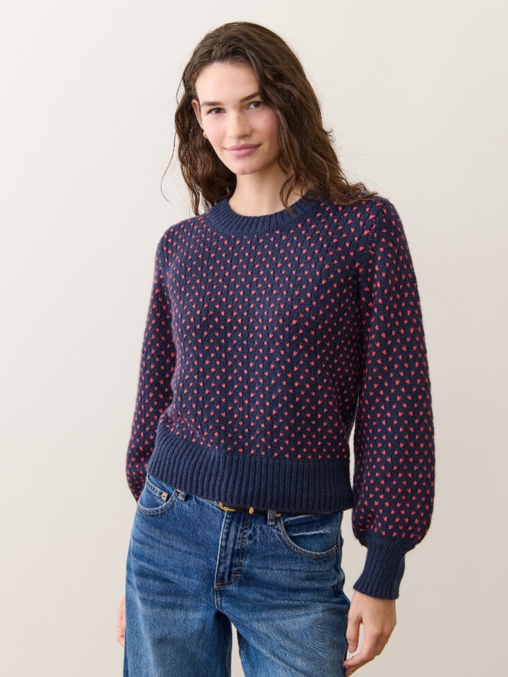 New Marine Layer Alma Crewneck Sweater Navy Red Sz L